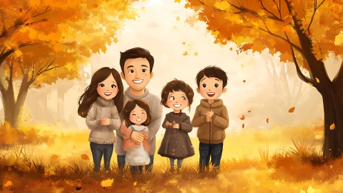 Illustrated family of five figures in autumn forest landscape setting