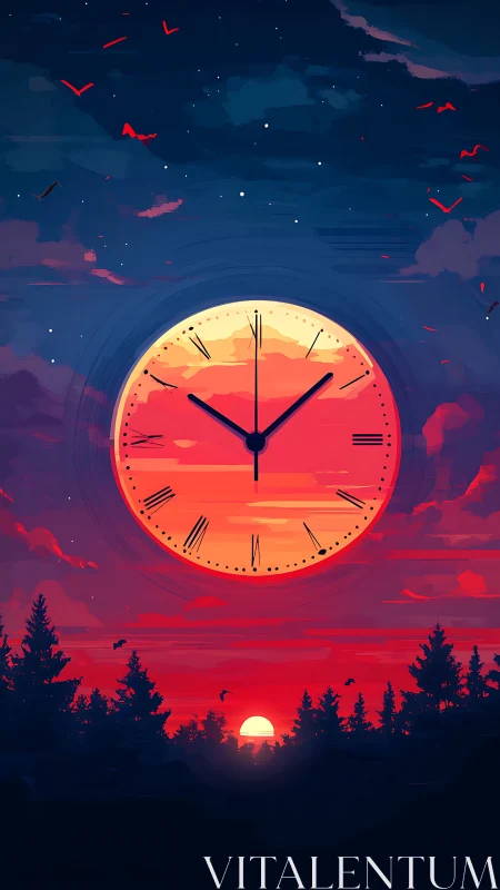 Dreamy sunset sky with a glowing clock of lingering time.