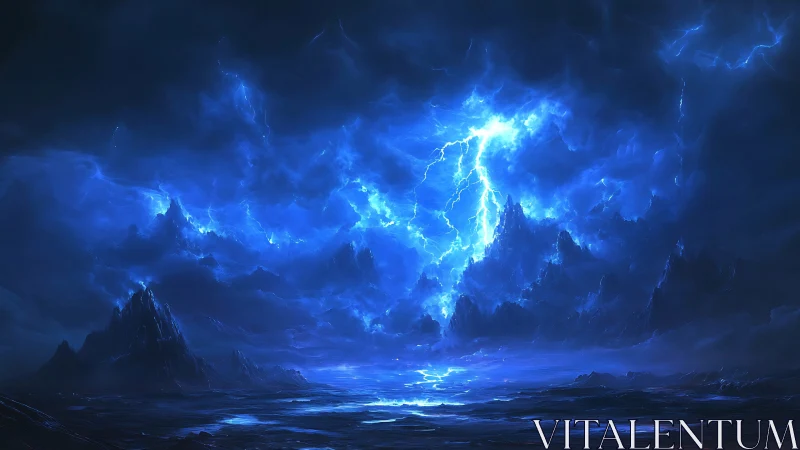 Storm-torn sapphire sky cracks open above jagged midnight spires