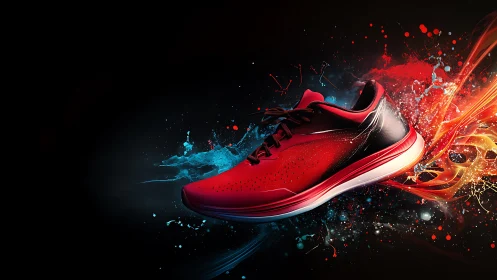 Dynamic red running shoe with explosive paint splash composition.
