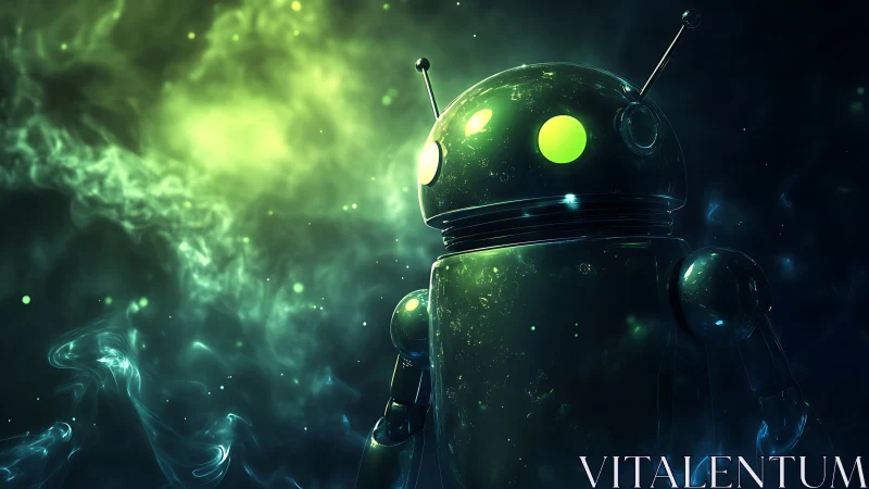 Glowing green robot character in a dark cosmic nebula.