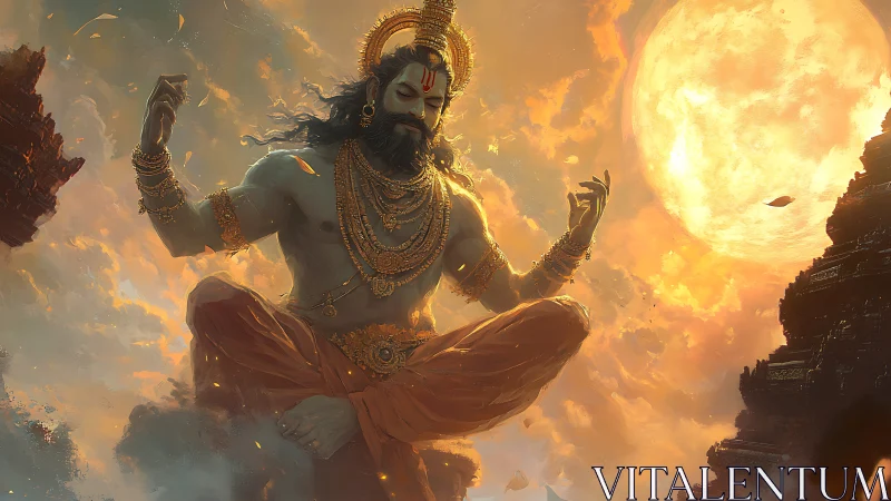 Sun-drenched sky sage in molten-cloud meditation trance.