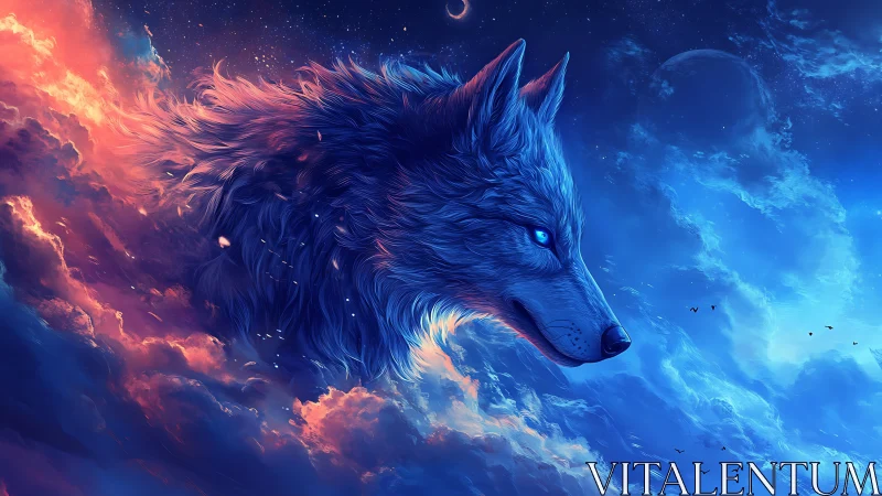 Celestial wolf profile rendered across contrasting sky clouds.