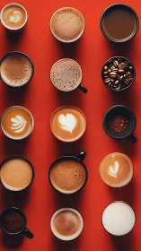 Cozy coffee cups lined in vibrant rows on warm red backdrop.