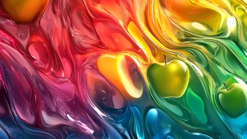 Liquid rainbow flow surrounding glossy golden apples.