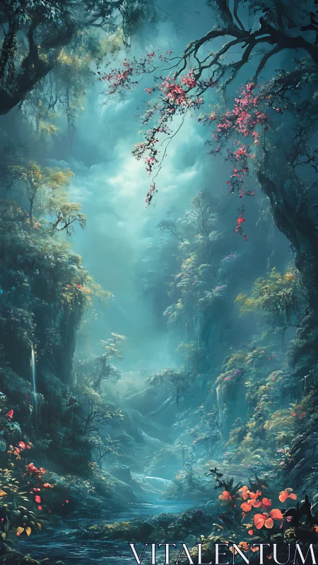 Vertical forest canyon with mist, stream, and blossoms.