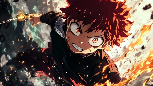 Fiery red‑haired hero charges through explosive chaos