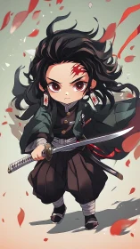 Fierce chibi swordsman steps forward with brave resolve