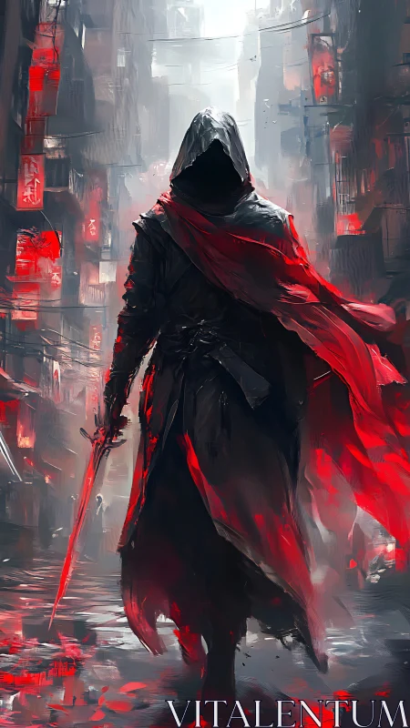 Hooded cyber assassin strides through neon red alleyway.