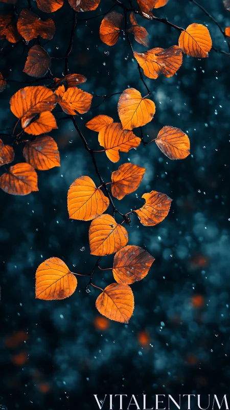 Autumn leaves glowing against dark rainy bokeh background.
