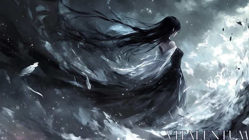 Stormlit girl walking into a swirling silver twilight.