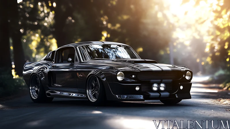 Photoreal muscle car study in forest backlit roadway setting.