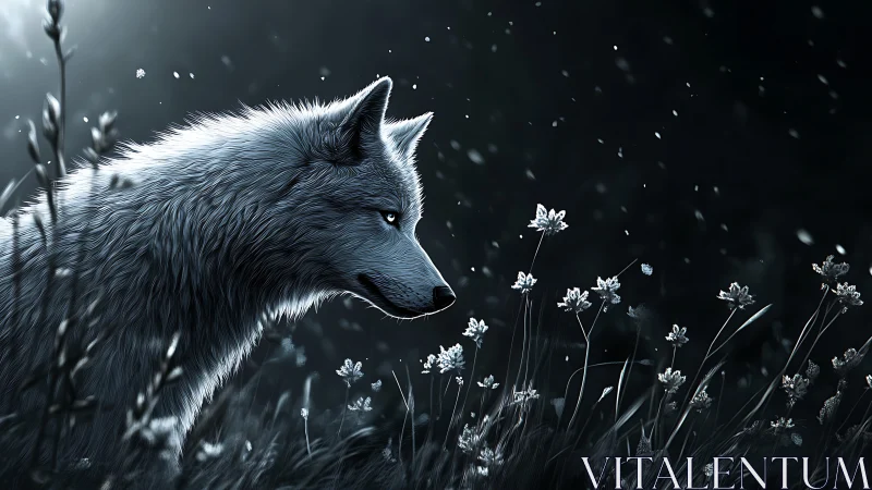 Lone silver wolf under moonlit meadow blossoms at night.