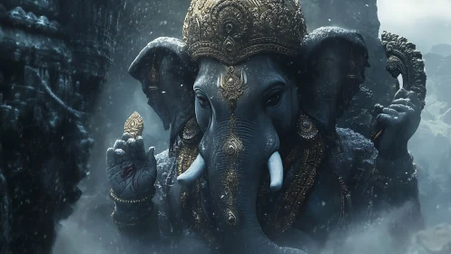Majestic multi-armed elephant deity statue in icy mist.