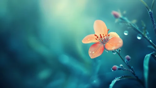 Orange flower with water droplets against blurred teal background