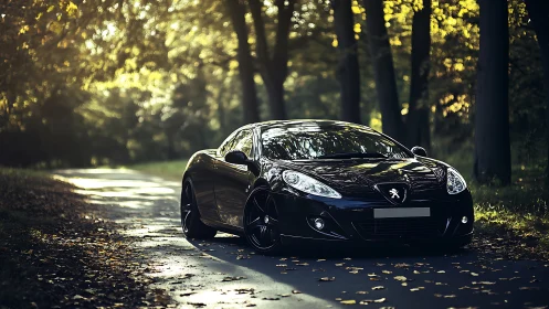 Sleek black sports car pausing on a quiet forest roadway.