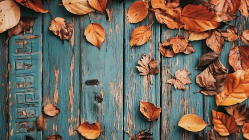 Autumn leaves drift across weathered teal wooden planks.