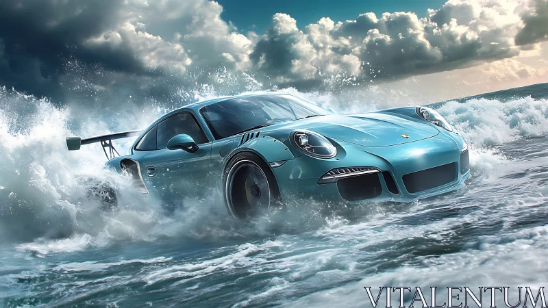 Sports coupe traverses dynamic ocean surface under clouds