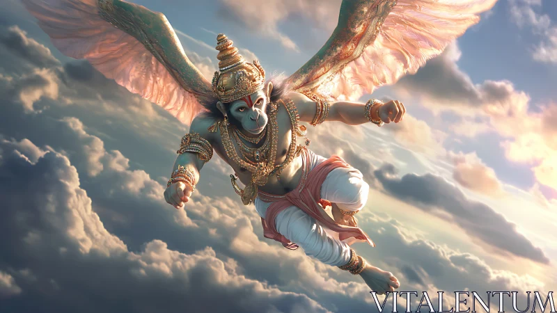 Skyborne monkey warrior draped in sunlit celestial gold.