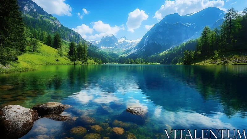 Photorealistic alpine lake with mirrored mountain reflections.
