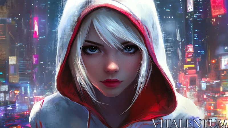 Hooded city wanderer with bright eyes and neon night glow.