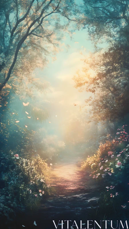 Sunlit forest path glows through soft misty foliage.