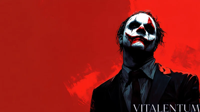 Defiant clown figure in suit against stark red backdrop.