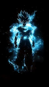 Blue energy anime warrior silhouette on dark space background.