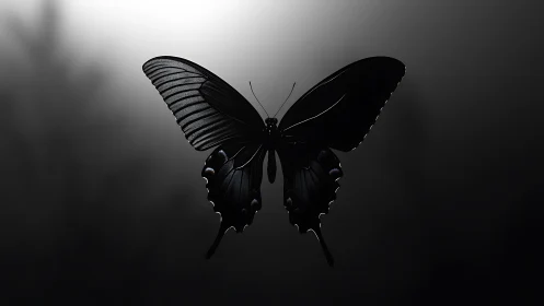 Black butterfly silhouette against soft gray backlight.