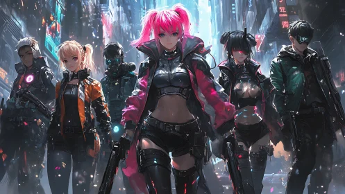 Cyberpunk strike squad stalks neon-soaked megacity streets.