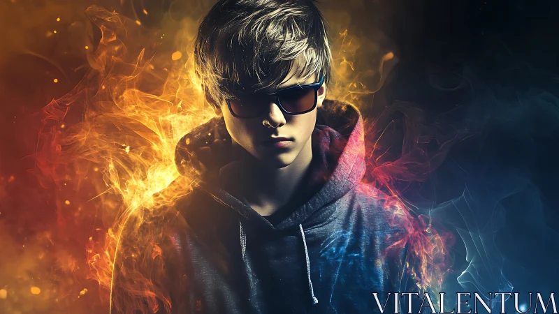 Hooded figure stands amid symmetrical fire and smoke effects