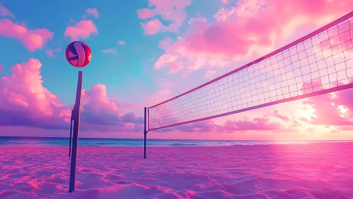 Neon beach volleyball court glows under a dreamy sunset sky