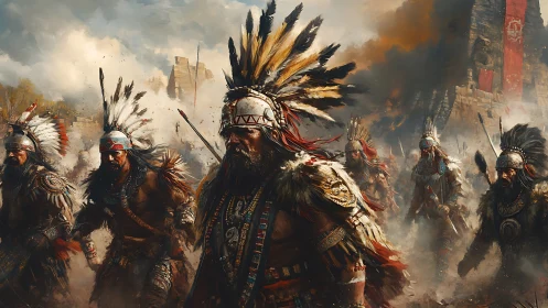 Warriors advance through smoke toward a burning stone citadel