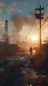 Solitary armored wanderer crossing wet postwar access road at dawn