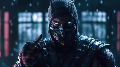 Mysterious masked warrior framed in moody falling snow.