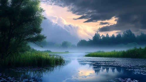 Dramatic misty river landscape under storm-lit twilight sky