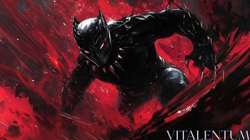 Shadowed panther hero lunges through fierce crimson storm.