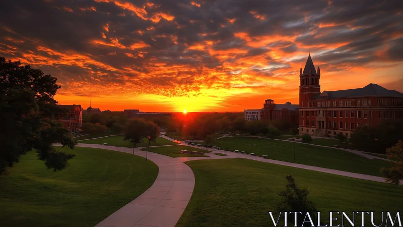 Sunset over collegiate quadrangle with fiery stratocumulus sky.