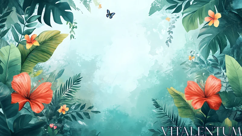 Tropical blooms quietly frame a sky where butterflies listen