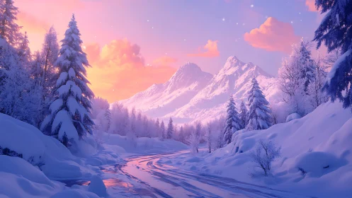Digital painting of luminous alpine winter valley at dusk.