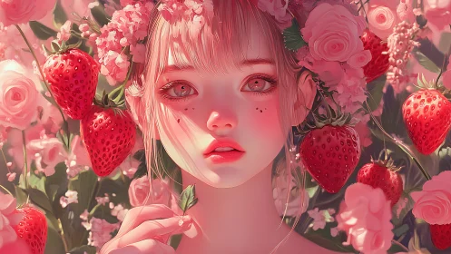 Pink haired girl surrounded by roses and strawberries