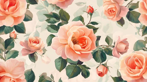 Coral roses with lush green foliage create a soft floral pattern.