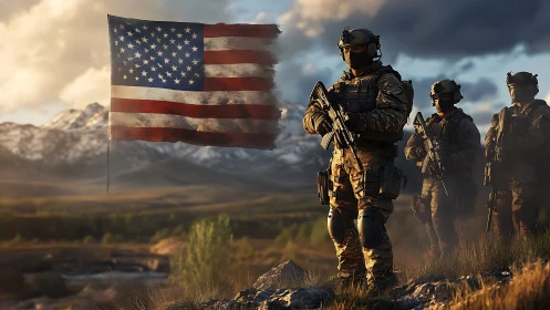 Armed soldiers stand near US flag in mountainous landscape