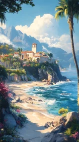 Mediterranean Coastal Villa with Church on Cliff.