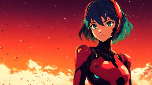 Neon-suited anime pilot under blazing red sunset sky.