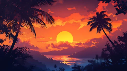 Vibrant tropical sunset over silhouetted palm coastline.