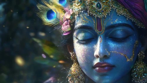 Radiant blue deity in quiet meditation with jeweled grace.