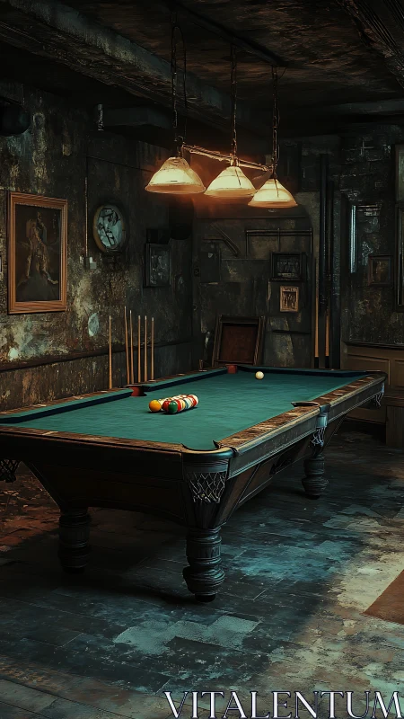 Vintage billiards table glows under warm suspended lamps.