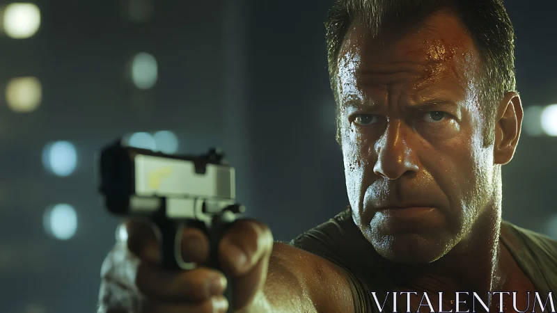 Gritty night hero locked in a tense, cinematic stare.