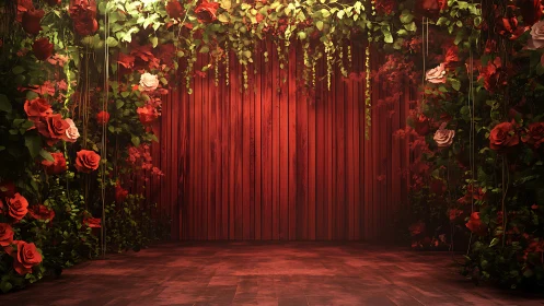 Romantic red rose stage against rustic wooden backdrop.
